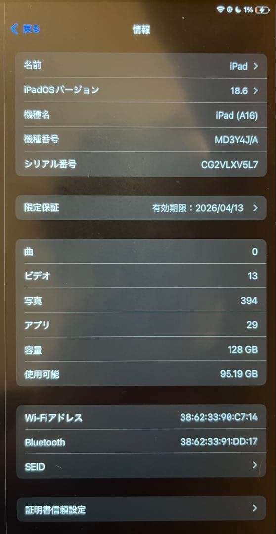 Apple iPad A16 シルバー 128GB 充電100%