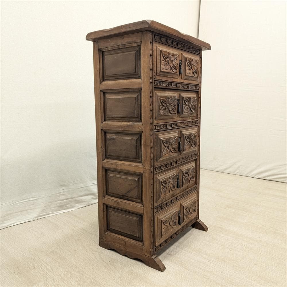 スペイン製　無垢　5段　サイドチェスト　タンス　箪笥　たんす　チェスト　ドロワー