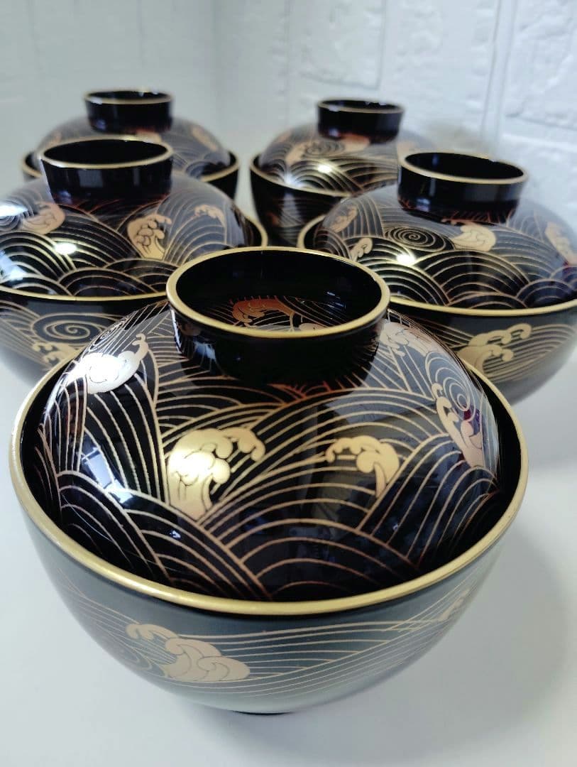 お正月　会津塗　坂本乙造　金彩蒔絵青海波　本漆仕上　蓋付お吸い物椀　雑煮椀　5客