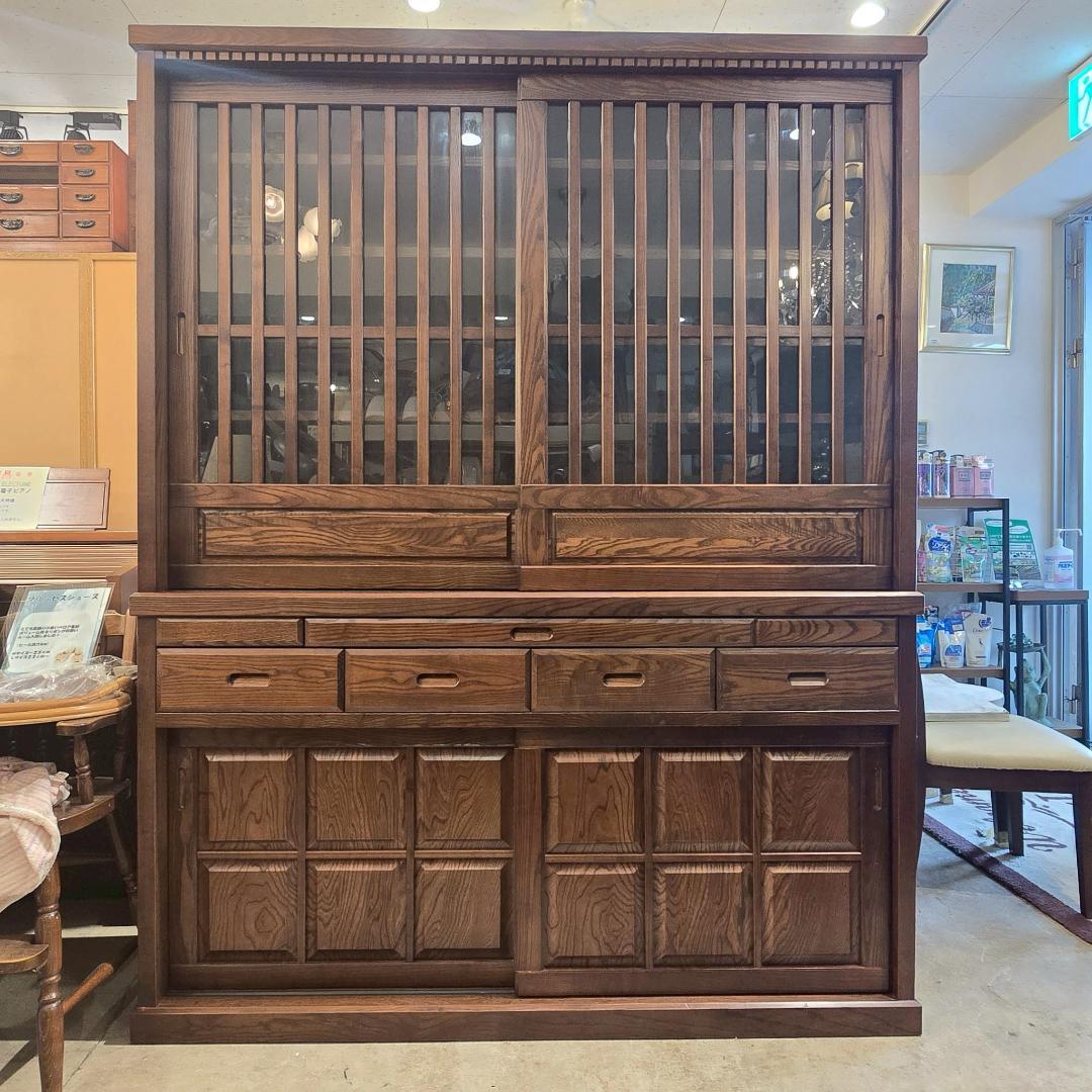 【高級】 無垢材 食器棚 引き戸 幅148㎝ カップボード 収納棚 和風 民芸