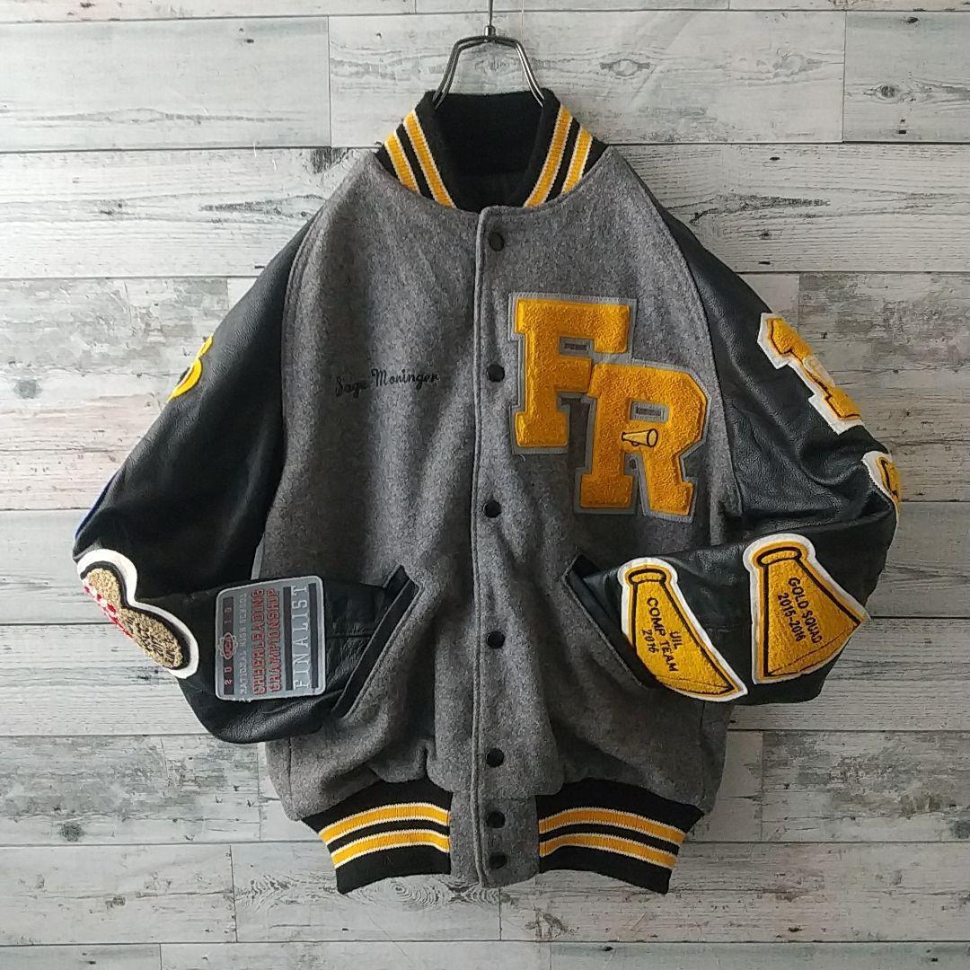 刺繍パイルワッペン 袖レザー 切替 ラインストーン ウール カレッジ スタジャン