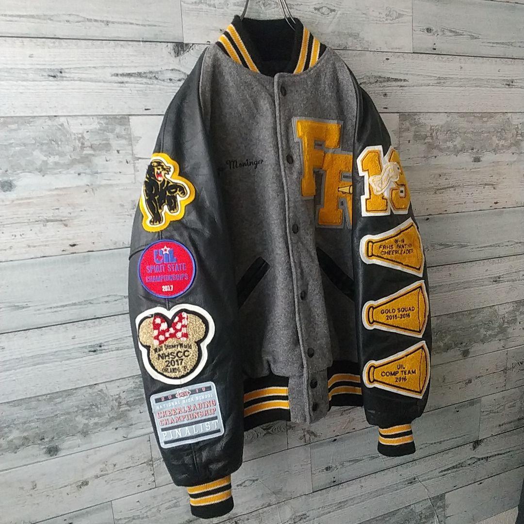 刺繍パイルワッペン 袖レザー 切替 ラインストーン ウール カレッジ スタジャン