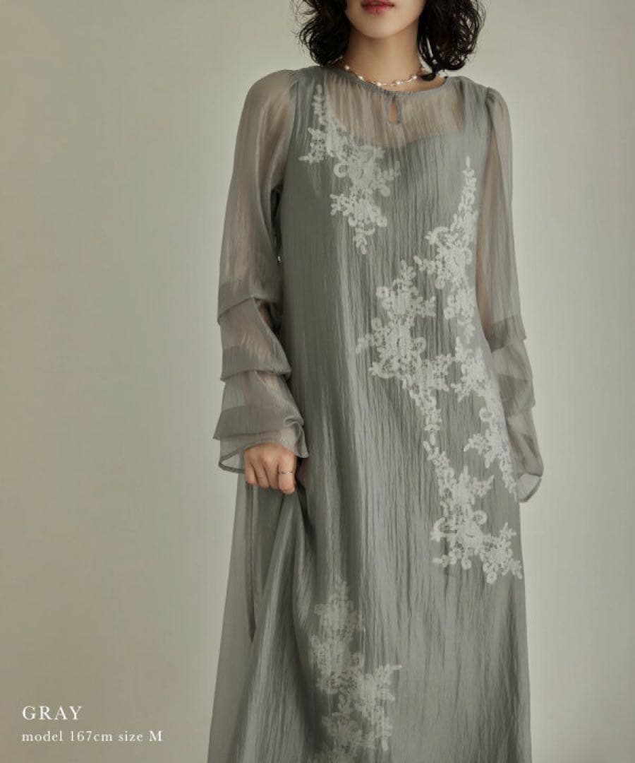 シアーAラインワンピースドレス　結婚式 花柄