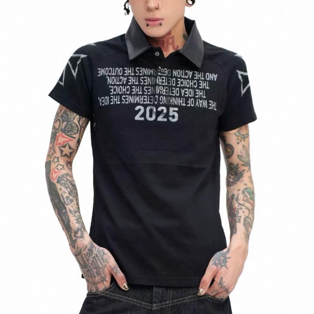 トップス DETW 25SS Dark PU Leather Polo Tee