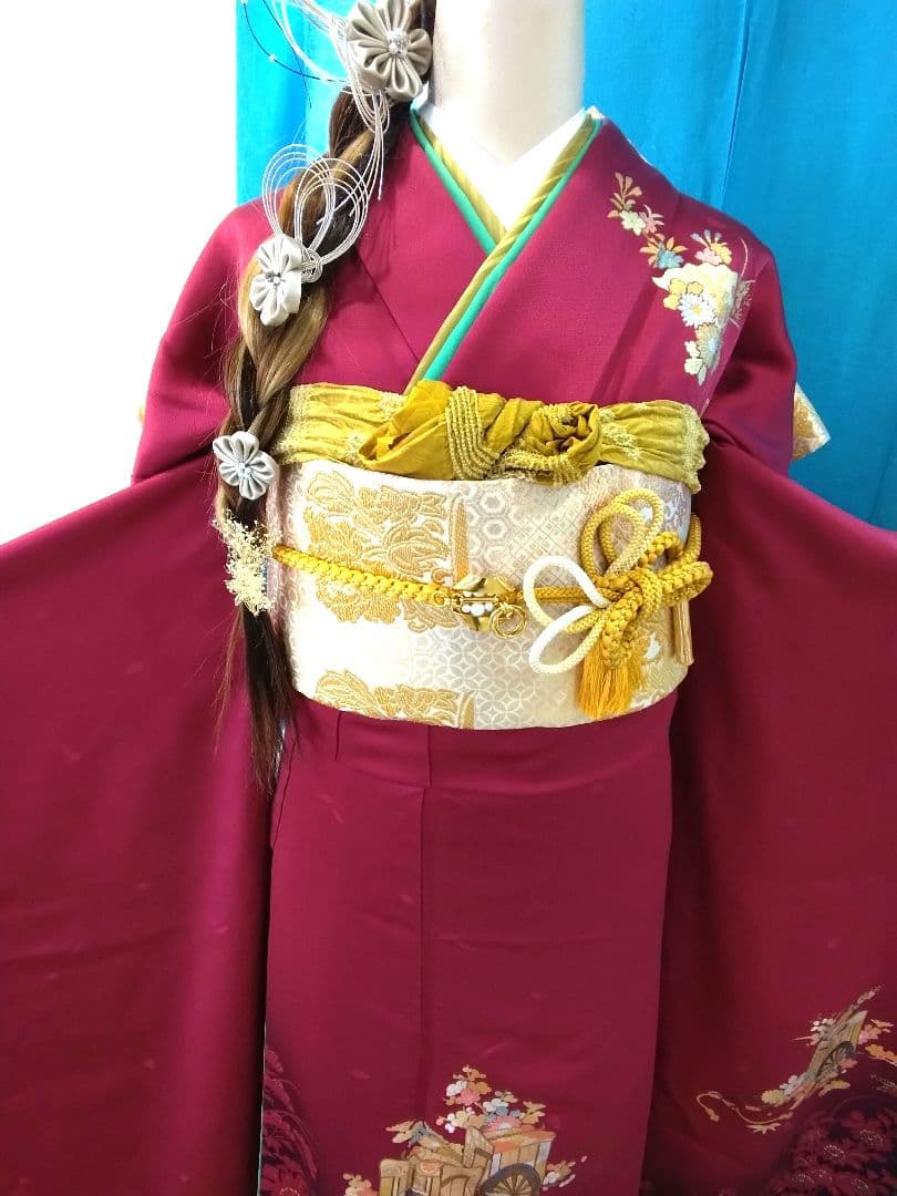 振袖フルセット、正絹鈴乃屋振袖、重ね衿帯揚げ帯締め、西陣袋帯、襦袢、ガード加工