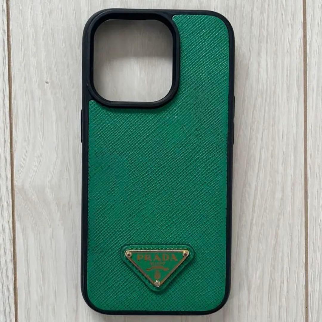 PRADA グリーンレザー iPhone14ケース　PRADAiPhoneケース