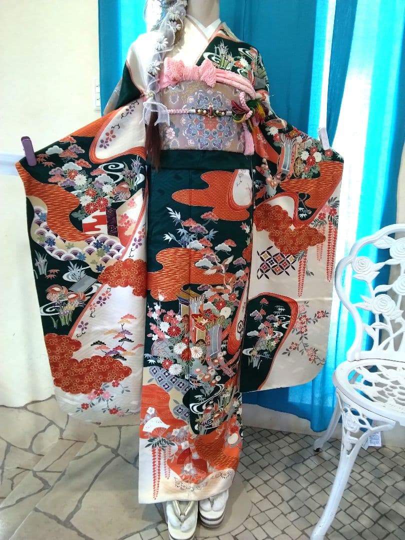 超お買得】振袖フルセット、正絹振袖成人式、重ね衿帯揚げ帯締め、西陣袋帯落款