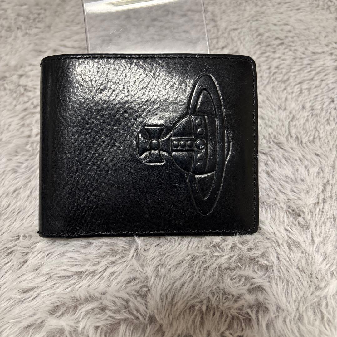 【良品】ヴィヴィアン・ウエストウッド オーブ　黒 レザー 二つ折り財布 型押し