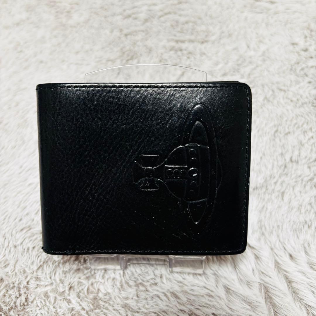 【良品】ヴィヴィアン・ウエストウッド オーブ　黒 レザー 二つ折り財布 型押し