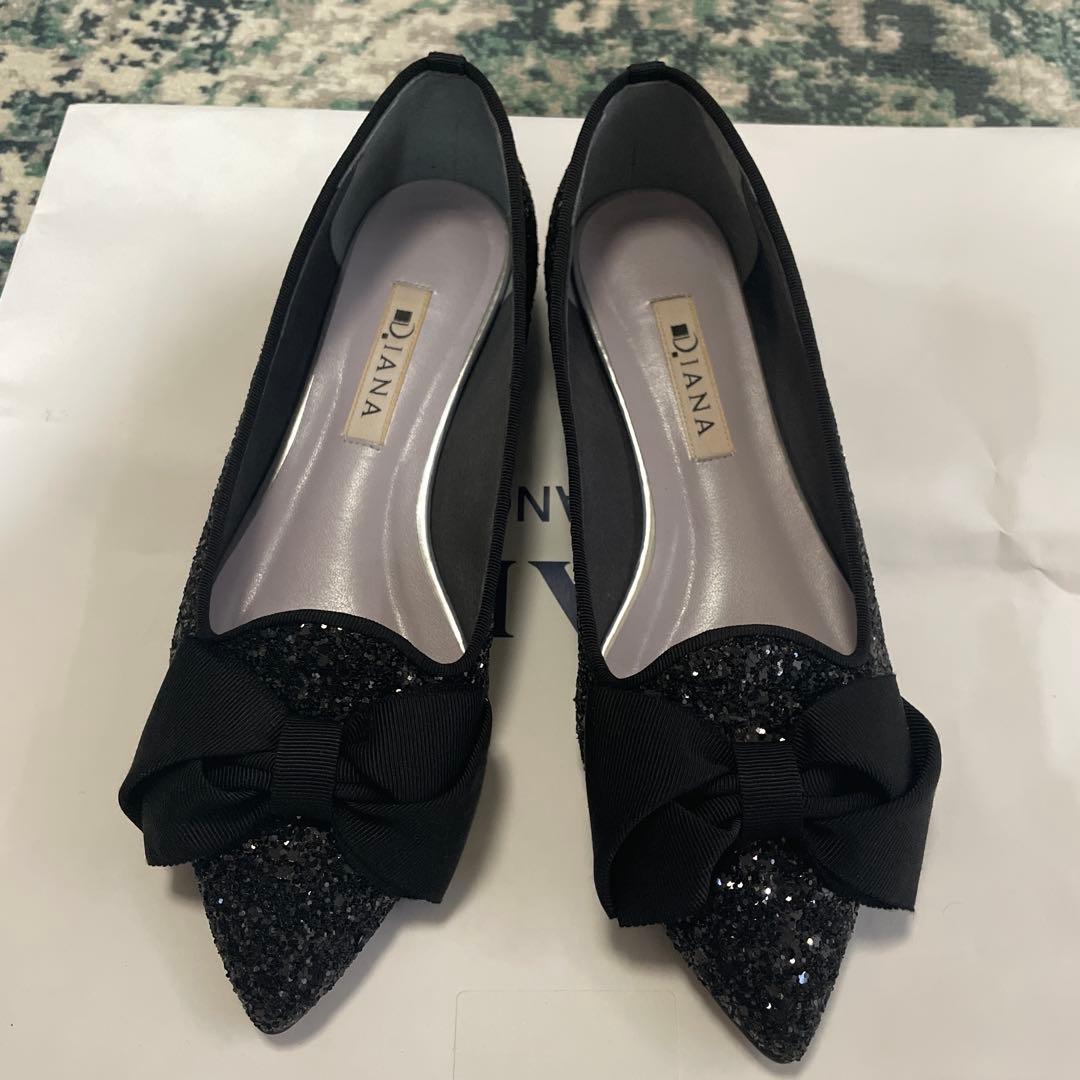 DIANA ブラック グリッター フラットシューズ 22.5cm