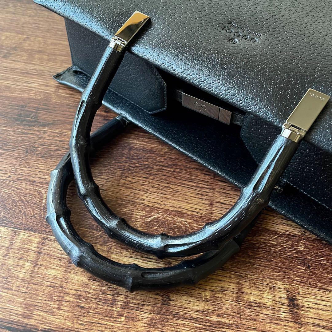 美品 グッチ バンブー レザー ハンド バッグ ビジネス シルバー 金具 黒