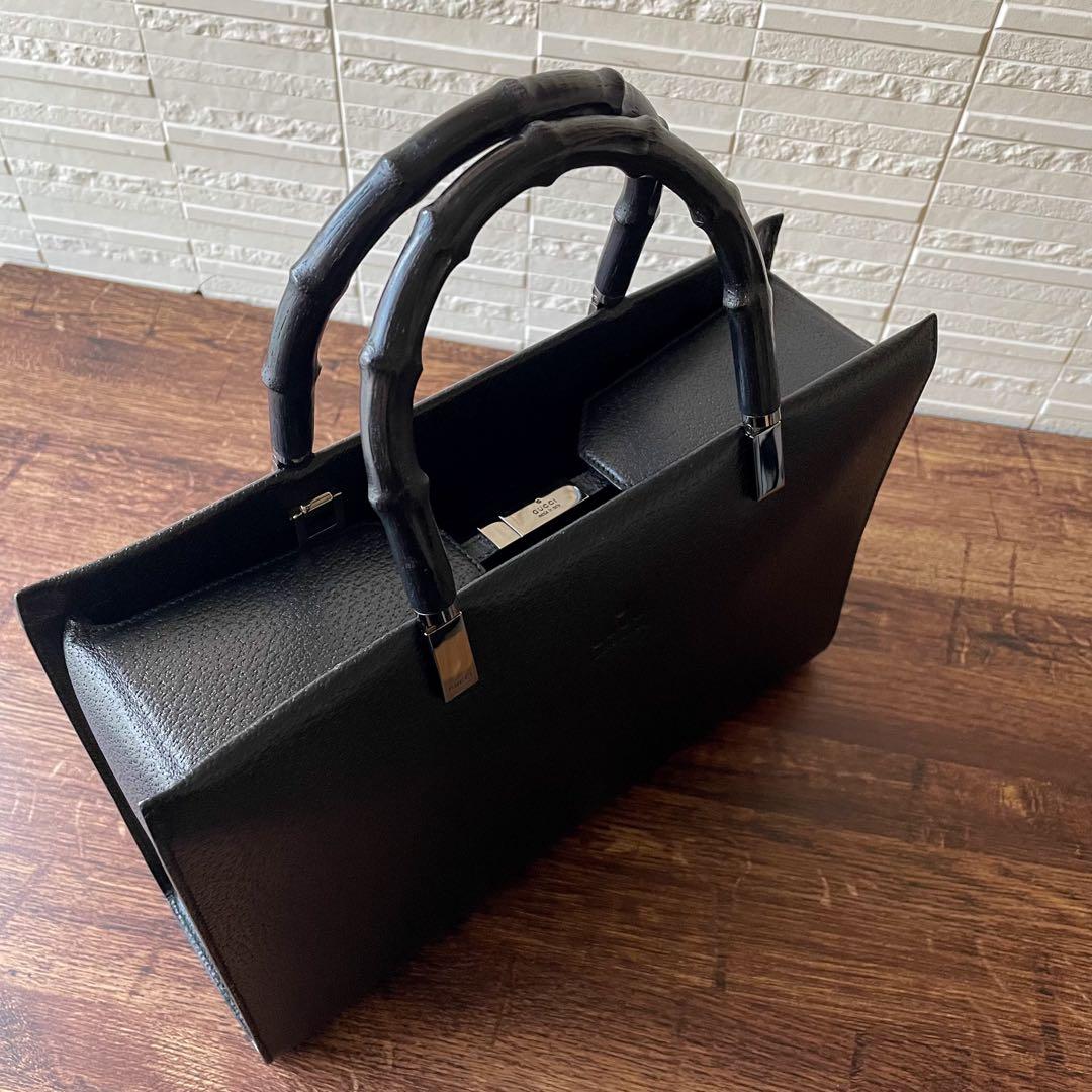 美品 グッチ バンブー レザー ハンド バッグ ビジネス シルバー 金具 黒