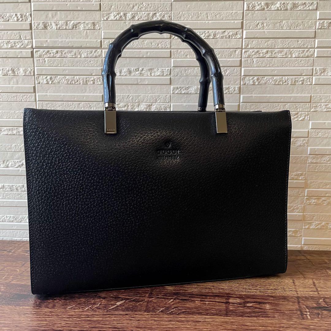 美品 グッチ バンブー レザー ハンド バッグ ビジネス シルバー 金具 黒