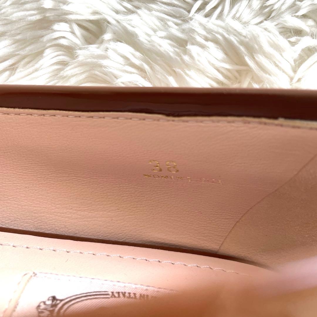 美品✨TOD'S パテントレザー　ポインテッドトゥ　フラット　パンプス　茶