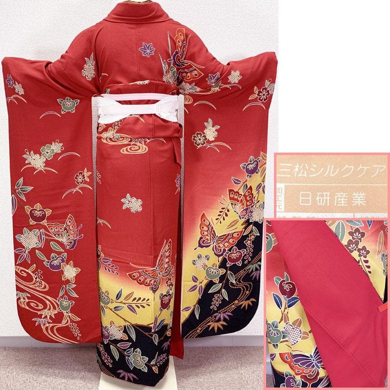 512z21☆三松 紅型振袖 小柄な方にも 古典柄 蝶 赤☆美品 成人式 結婚式