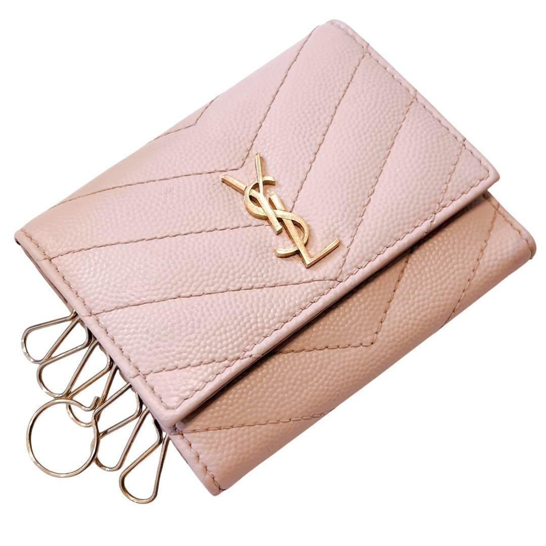 サンローラン キーケース カサンドラ 6連 ゴールド金具 ロゴ ピンクベージュ