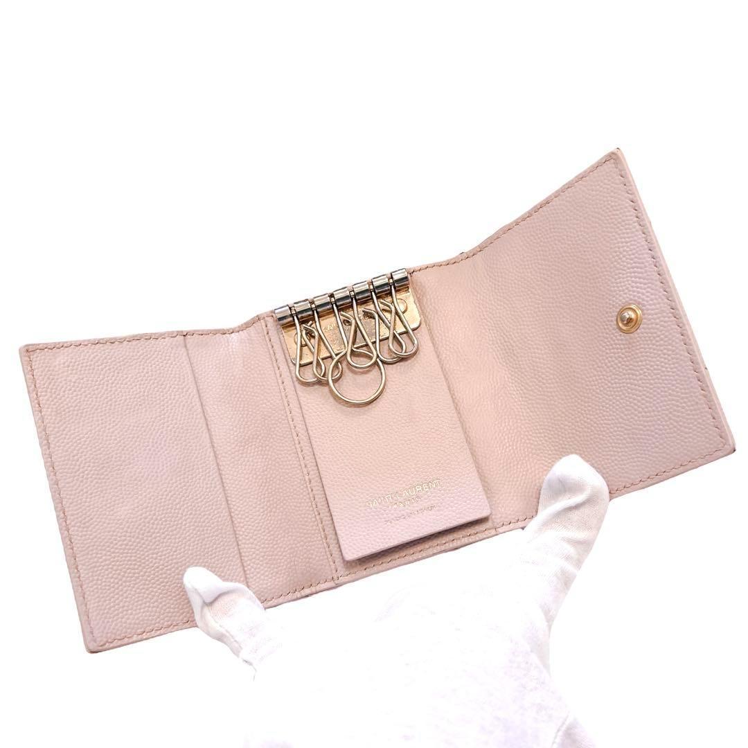 サンローラン キーケース カサンドラ 6連 ゴールド金具 ロゴ ピンクベージュ