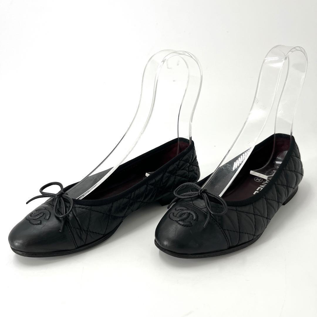 シャネル　フラットシューズ　ココマーク　マトラッセ　リボン　バレリーナ　35C