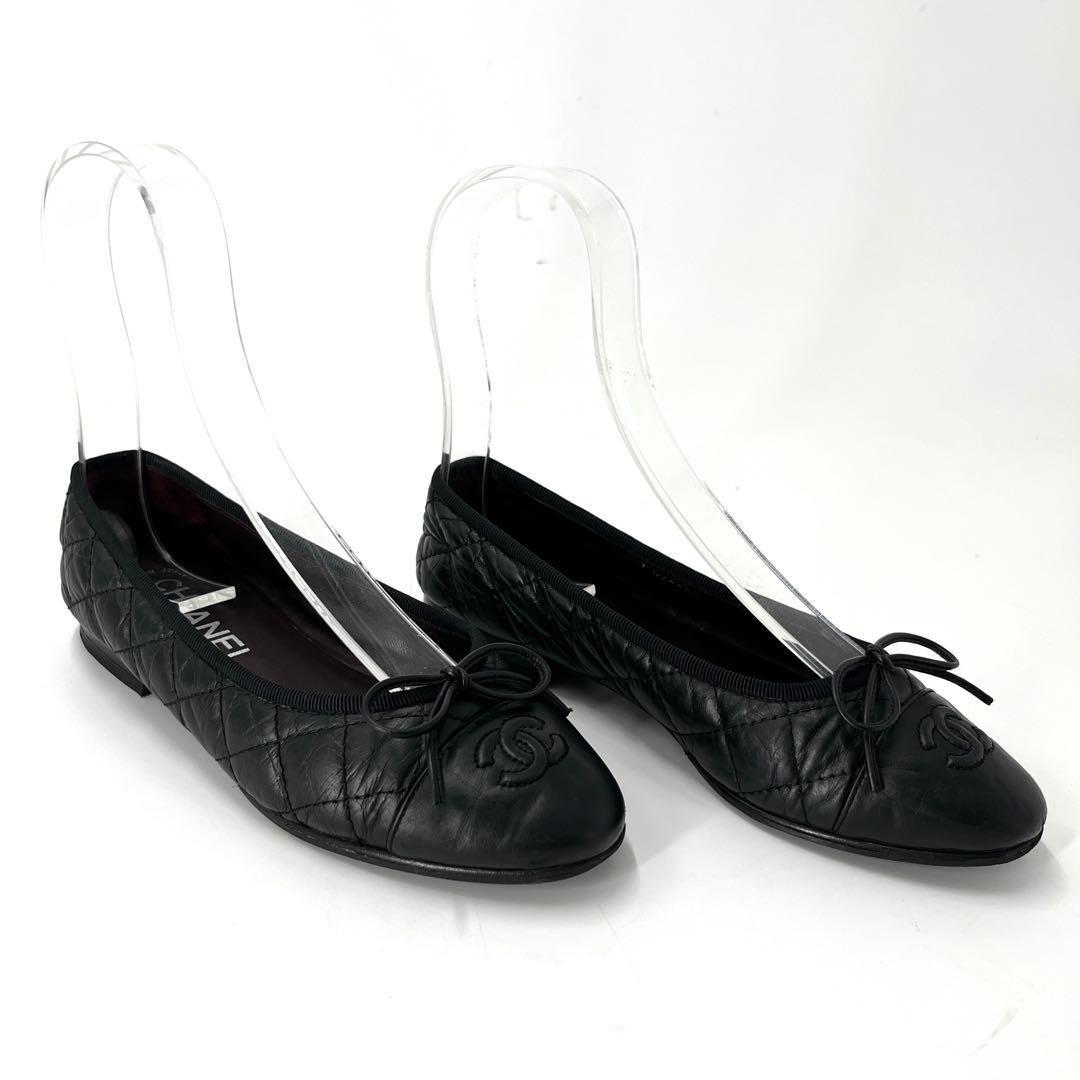 シャネル　フラットシューズ　ココマーク　マトラッセ　リボン　バレリーナ　35C