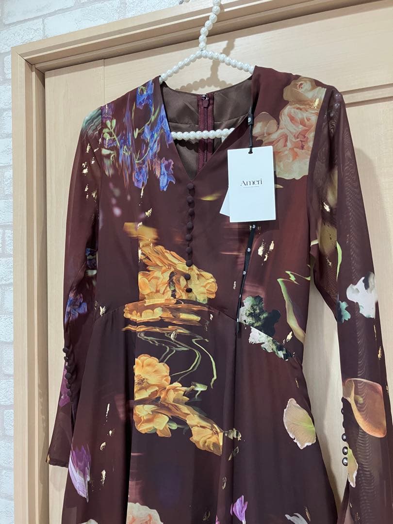 【新品】AMERI UND SCAN FLOWER DRESS　　Sブラウン
