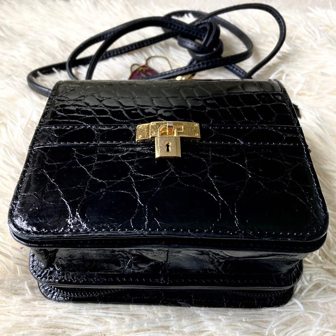 4万→新品*高級クロコダイル■JRA認定ショルダーウォレットバッグ 斜めがけ■黒