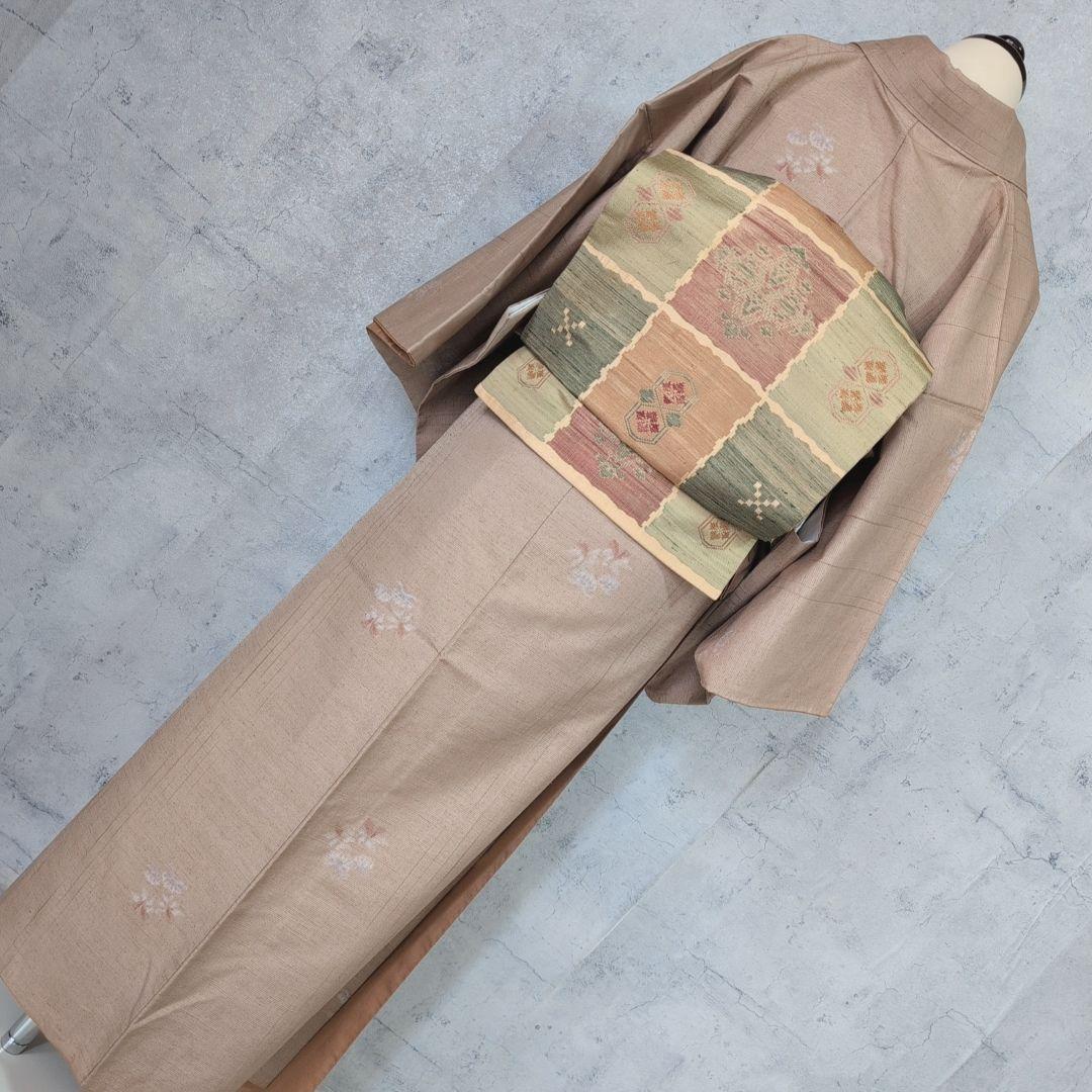 紬　フルセット　小紋　着物　正絹　ブラウンベージュ　着物生活　O8