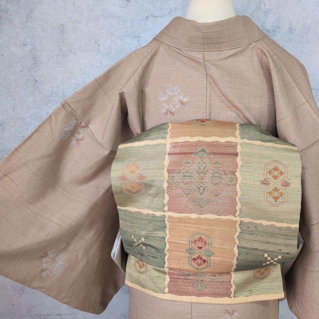 紬　フルセット　小紋　着物　正絹　ブラウンベージュ　着物生活　O8