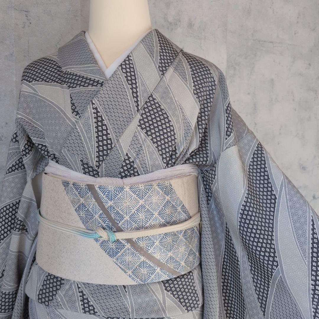 小紋　フルセット　着物　正絹　紺水色グレー　爽やか　花　麻模様　F7