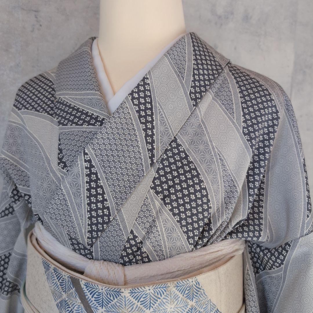 小紋　フルセット　着物　正絹　紺水色グレー　爽やか　花　麻模様　F7