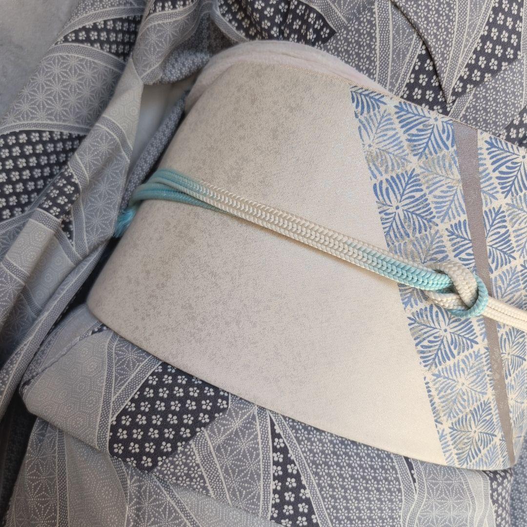 小紋　フルセット　着物　正絹　紺水色グレー　爽やか　花　麻模様　F7