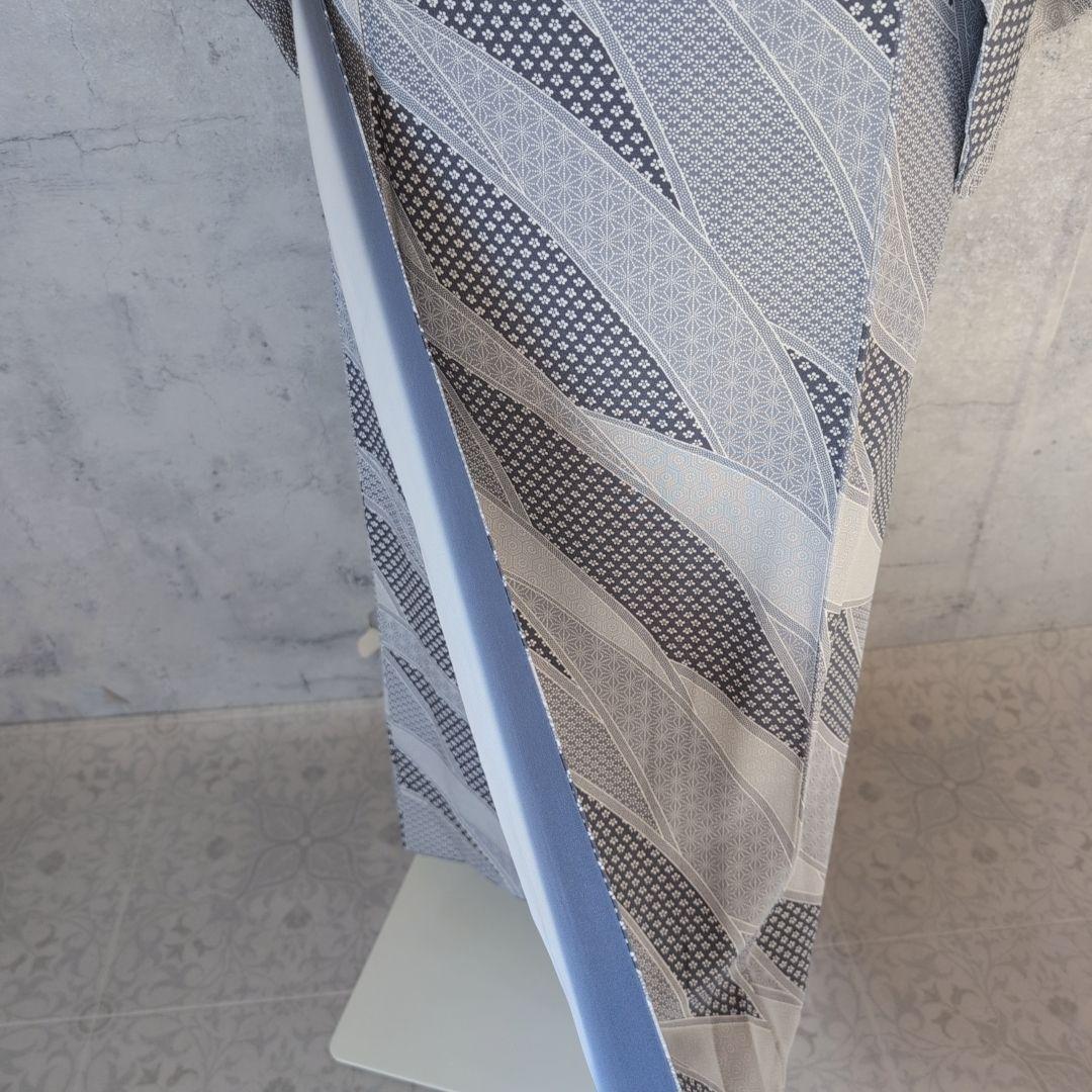 小紋　フルセット　着物　正絹　紺水色グレー　爽やか　花　麻模様　F7