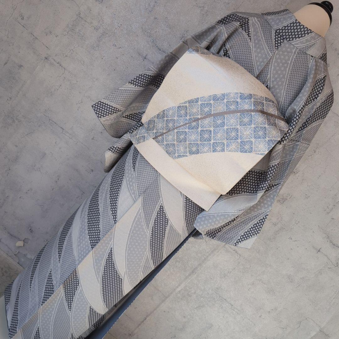 小紋　フルセット　着物　正絹　紺水色グレー　爽やか　花　麻模様　F7