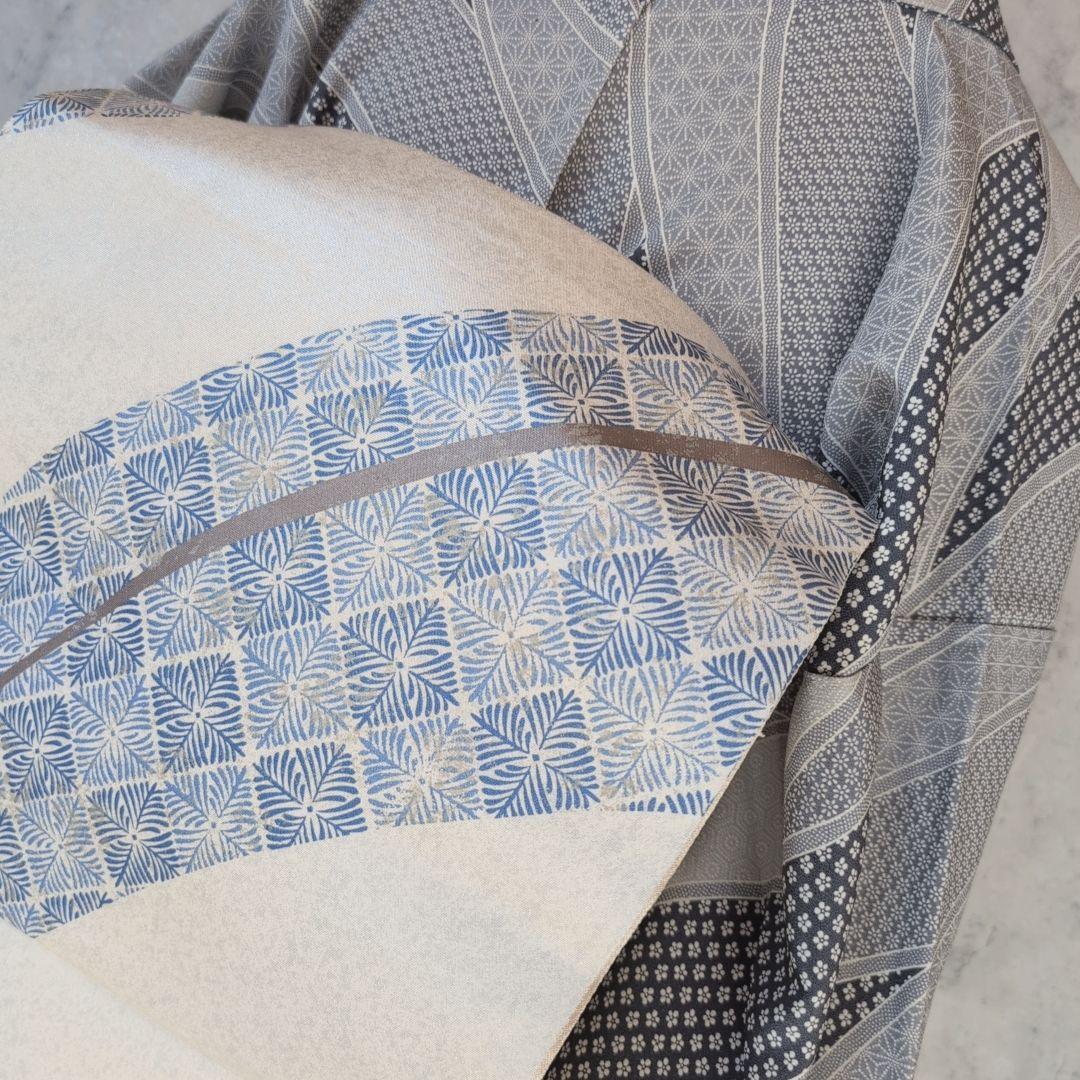 小紋　フルセット　着物　正絹　紺水色グレー　爽やか　花　麻模様　F7