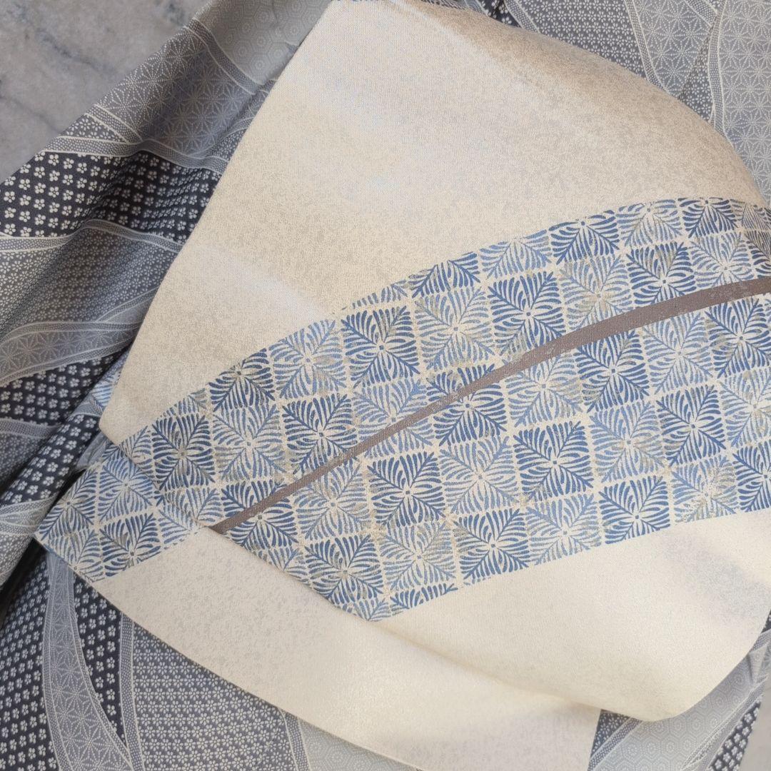 小紋　フルセット　着物　正絹　紺水色グレー　爽やか　花　麻模様　F7