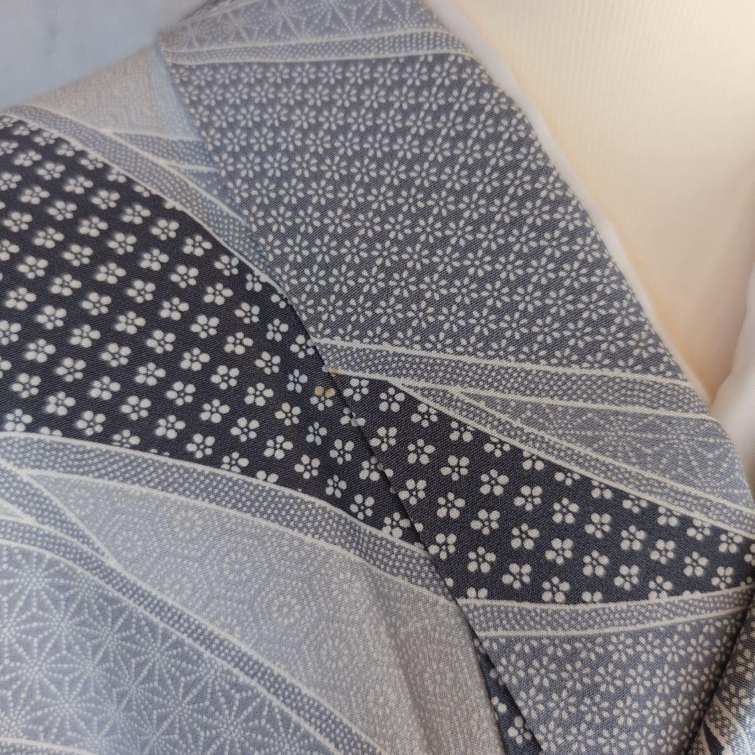 小紋　フルセット　着物　正絹　紺水色グレー　爽やか　花　麻模様　F7
