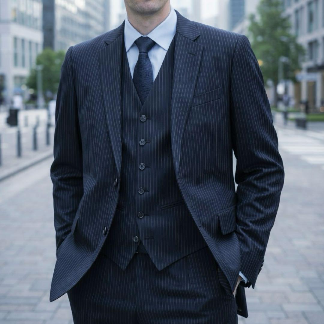 【美品】バーバリーブラックレーベル 3ピース スーツ 36R ストライプ 紺