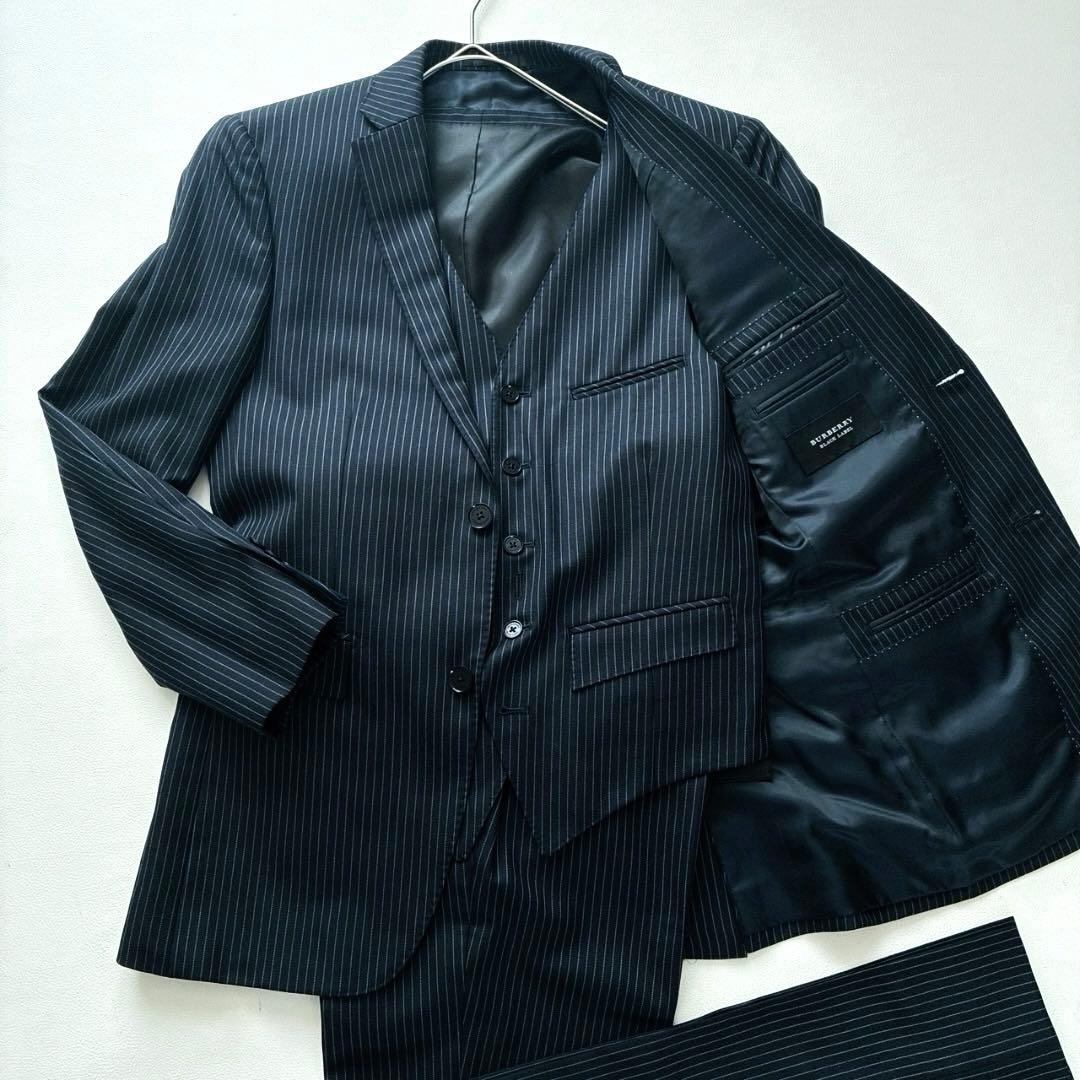 【美品】バーバリーブラックレーベル 3ピース スーツ 36R ストライプ 紺