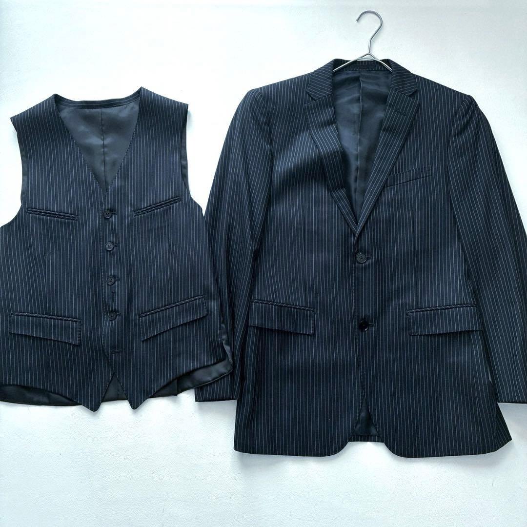 【美品】バーバリーブラックレーベル 3ピース スーツ 36R ストライプ 紺