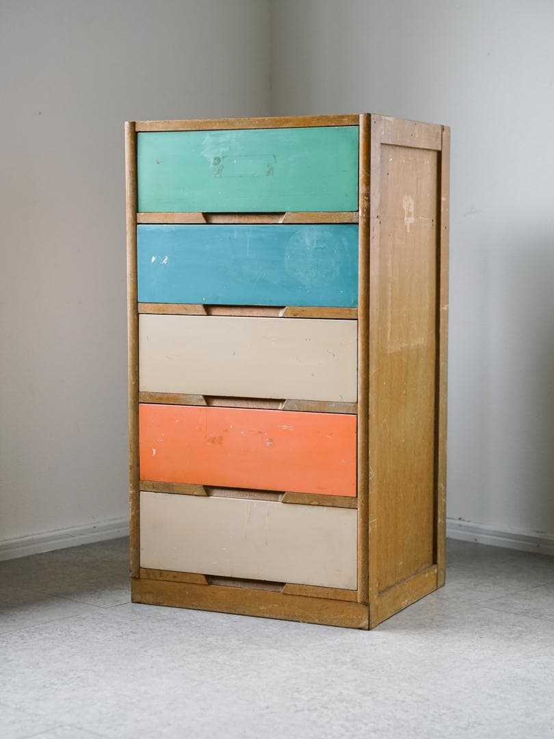60-70's レトロポップ 古道具 木製 5段チェスト/収納 アンティーク
