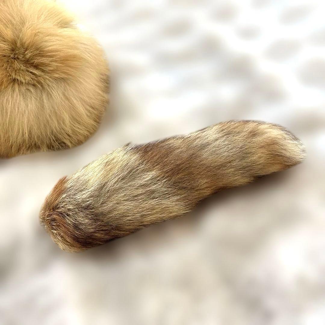 本*二様 【新品未使用】キタキツネの尻尾付き帽子 (リアルファー)