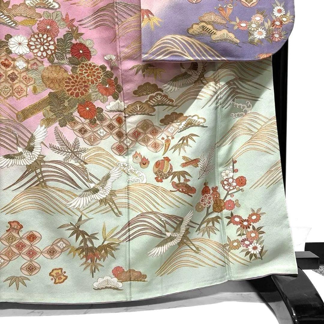 スワトウ刺繍　刺繍　金駒刺繍　鶴　花模様　振袖　着物　102a p