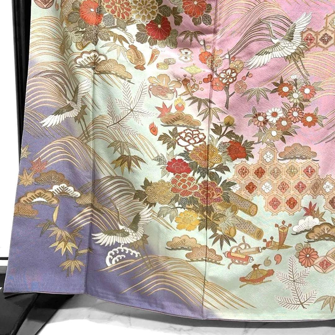 スワトウ刺繍　刺繍　金駒刺繍　鶴　花模様　振袖　着物　102a p