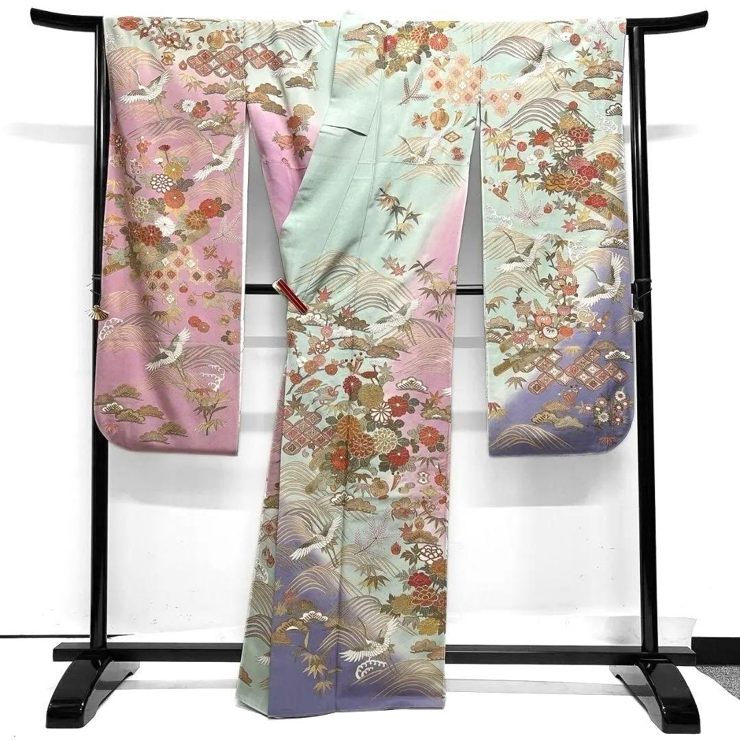 スワトウ刺繍　刺繍　金駒刺繍　鶴　花模様　振袖　着物　102a p