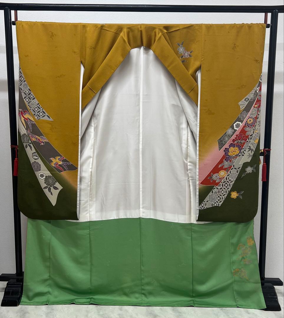 振り袖　フルセット　別誂長襦袢　美品　紅型　辛子色　成人式　結婚式　762