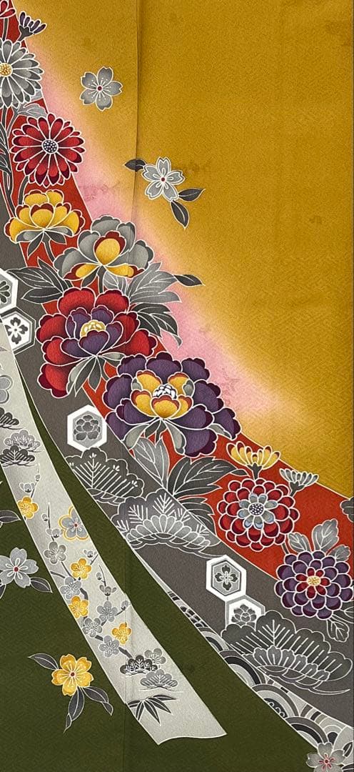 振り袖　フルセット　別誂長襦袢　美品　紅型　辛子色　成人式　結婚式　762