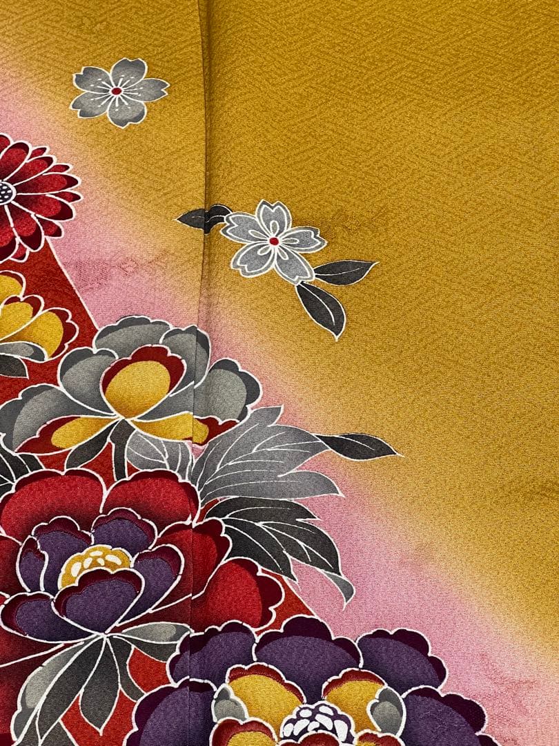 振り袖　フルセット　別誂長襦袢　美品　紅型　辛子色　成人式　結婚式　762