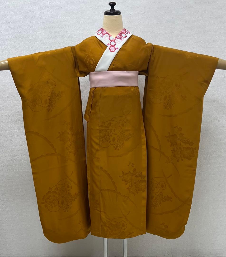 振り袖　フルセット　別誂長襦袢　美品　紅型　辛子色　成人式　結婚式　762