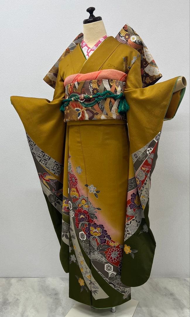 振り袖　フルセット　別誂長襦袢　美品　紅型　辛子色　成人式　結婚式　762