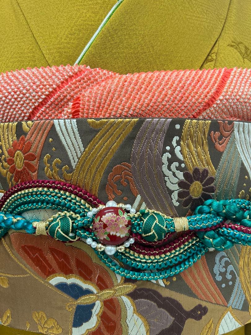 振り袖　フルセット　別誂長襦袢　美品　紅型　辛子色　成人式　結婚式　762