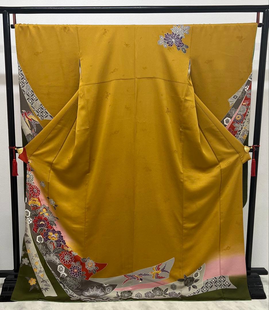 振り袖　フルセット　別誂長襦袢　美品　紅型　辛子色　成人式　結婚式　762